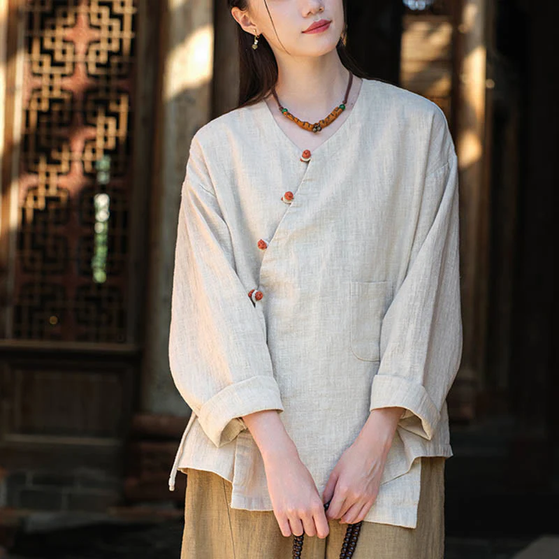 Buddha Stones Jednolity Kolor Ramie Len Luźna Bluzka Długi Rękaw Koszula Chiński Hanfu Top - Image 5