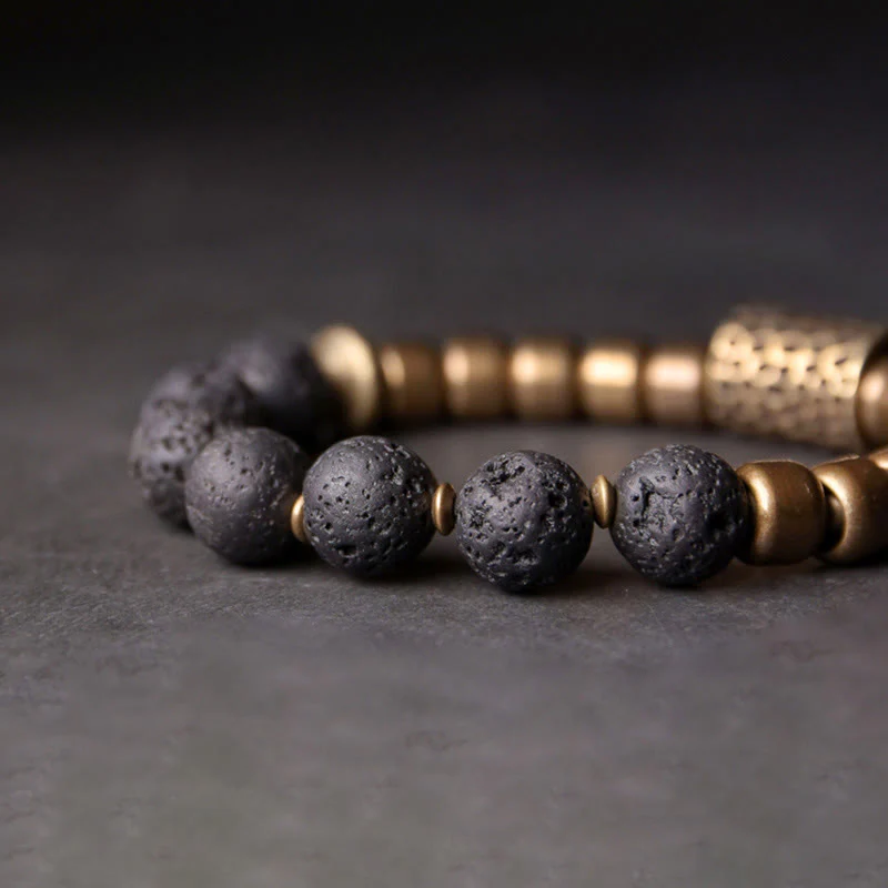 Bransoletka lecznicza z Buddha Stones , kamieniami lawowymi i tęczowym obsydianem i mosiądzem - Image 3