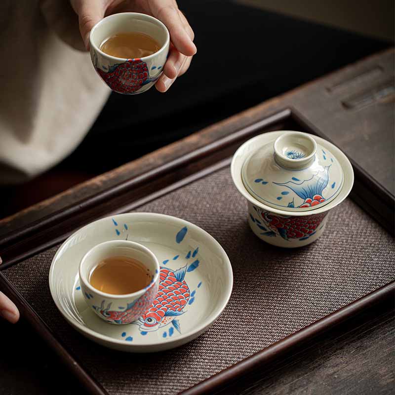 Buddha Stones Koi Fish Arowana Ceramic Gaiwan Sancai Filiżanka Kung Fu Filiżanka do herbaty z pokrywką 130ml - Image 12
