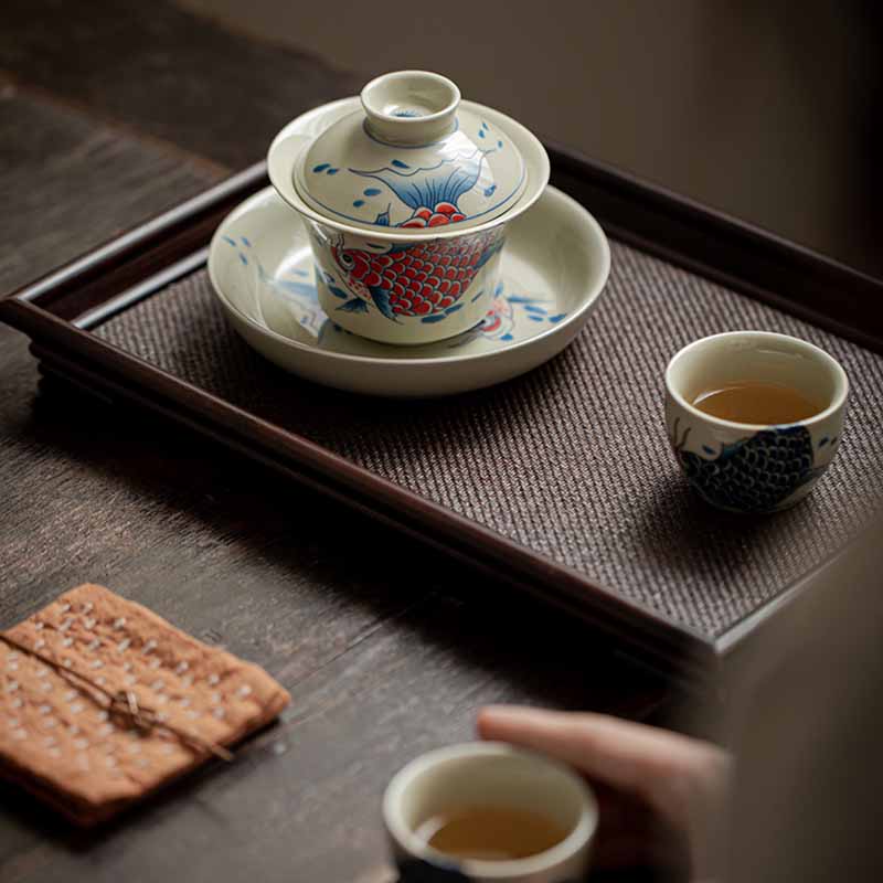 Buddha Stones Koi Fish Arowana Ceramic Gaiwan Sancai Filiżanka Kung Fu Filiżanka do herbaty z pokrywką 130ml - Image 13