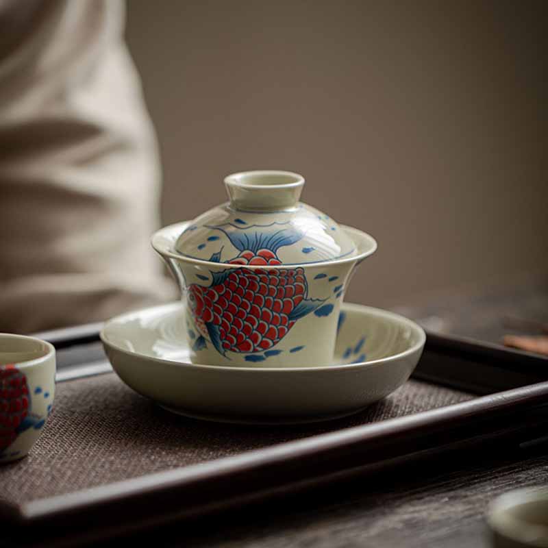 Buddha Stones Koi Fish Arowana Ceramic Gaiwan Sancai Filiżanka Kung Fu Filiżanka do herbaty z pokrywką 130ml - Image 14