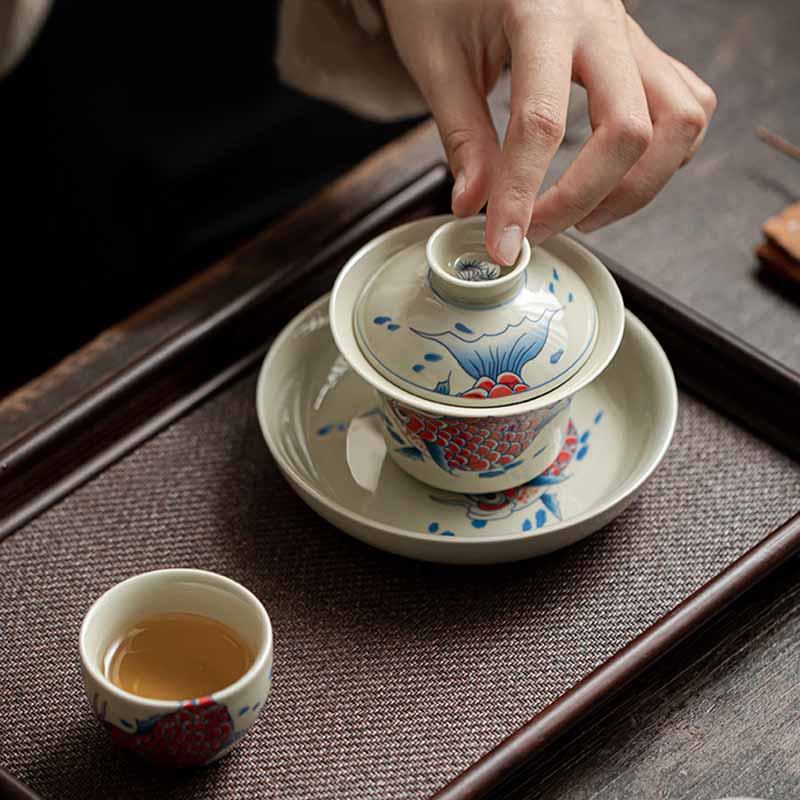 Buddha Stones Koi Fish Arowana Ceramic Gaiwan Sancai Filiżanka Kung Fu Filiżanka do herbaty z pokrywką 130ml - Image 15