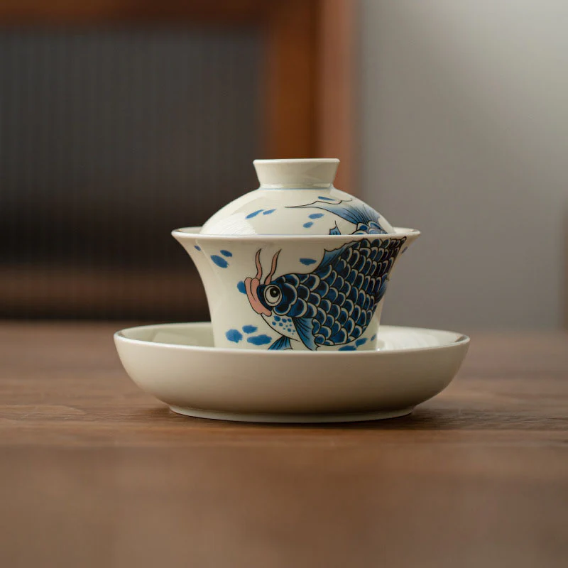 Buddha Stones Koi Fish Arowana Ceramic Gaiwan Sancai Filiżanka Kung Fu Filiżanka do herbaty z pokrywką 130ml - Image 17