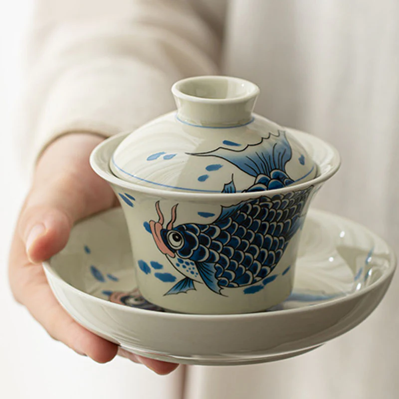 Buddha Stones Koi Fish Arowana Ceramic Gaiwan Sancai Filiżanka Kung Fu Filiżanka do herbaty z pokrywką 130ml - Image 18