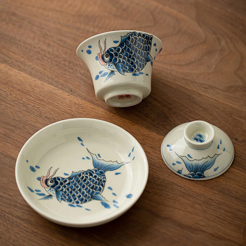 Buddha Stones Koi Fish Arowana Ceramic Gaiwan Sancai Filiżanka Kung Fu Filiżanka do herbaty z pokrywką 130ml - Image 19