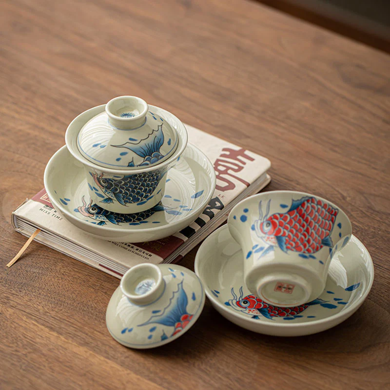Buddha Stones Koi Fish Arowana Ceramic Gaiwan Sancai Filiżanka Kung Fu Filiżanka do herbaty z pokrywką 130ml - Image 2