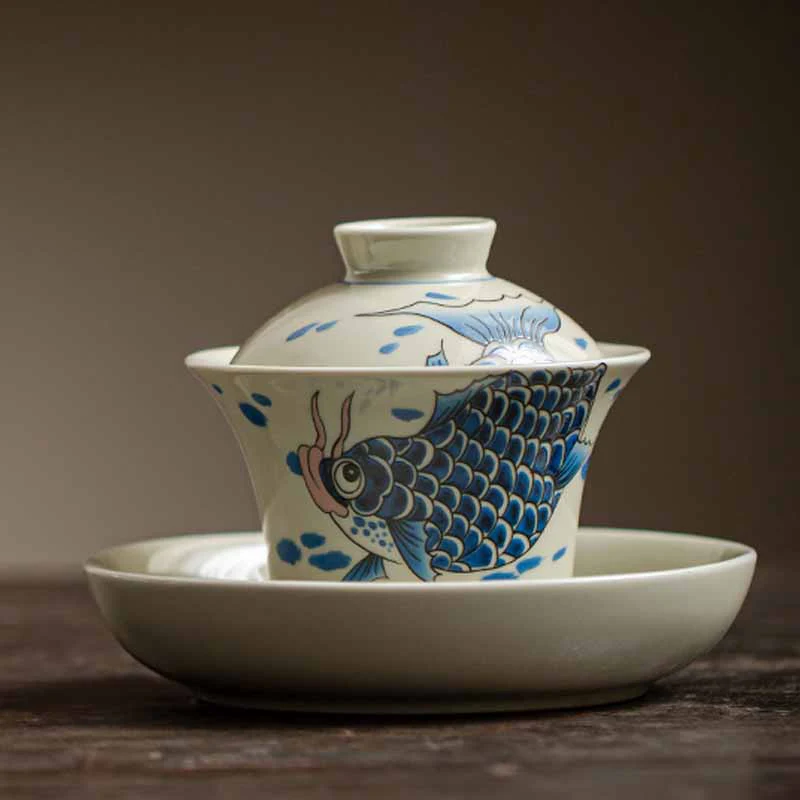 Buddha Stones Koi Fish Arowana Ceramic Gaiwan Sancai Filiżanka Kung Fu Filiżanka do herbaty z pokrywką 130ml - Image 20