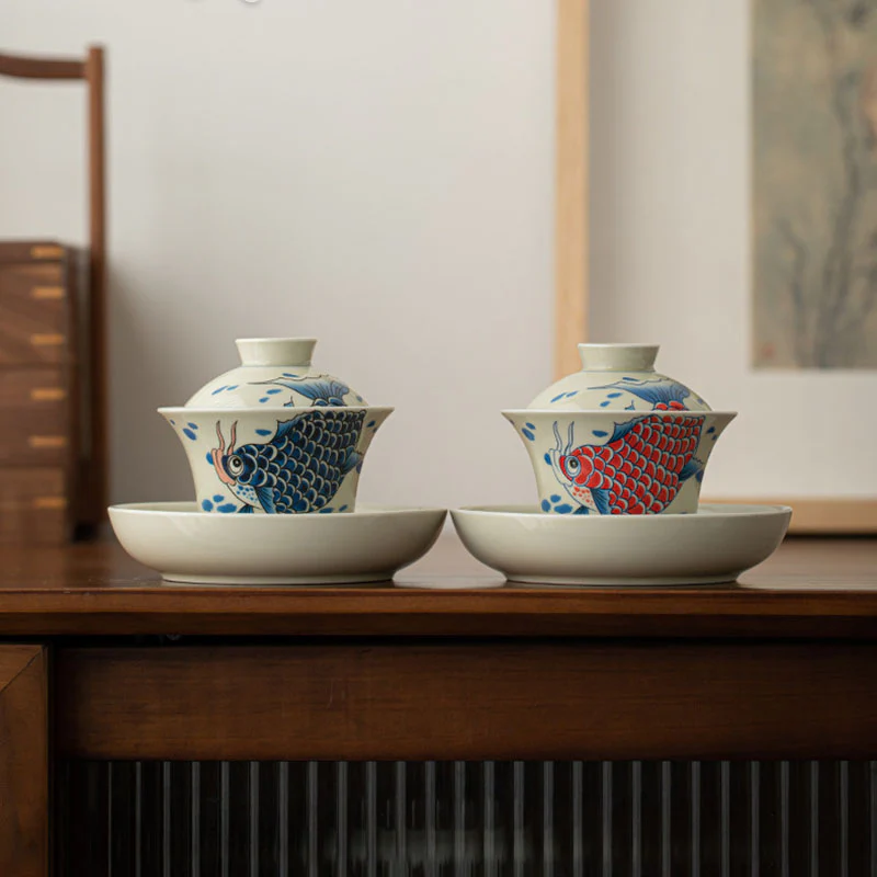 Buddha Stones Koi Fish Arowana Ceramic Gaiwan Sancai Filiżanka Kung Fu Filiżanka do herbaty z pokrywką 130ml - Image 24