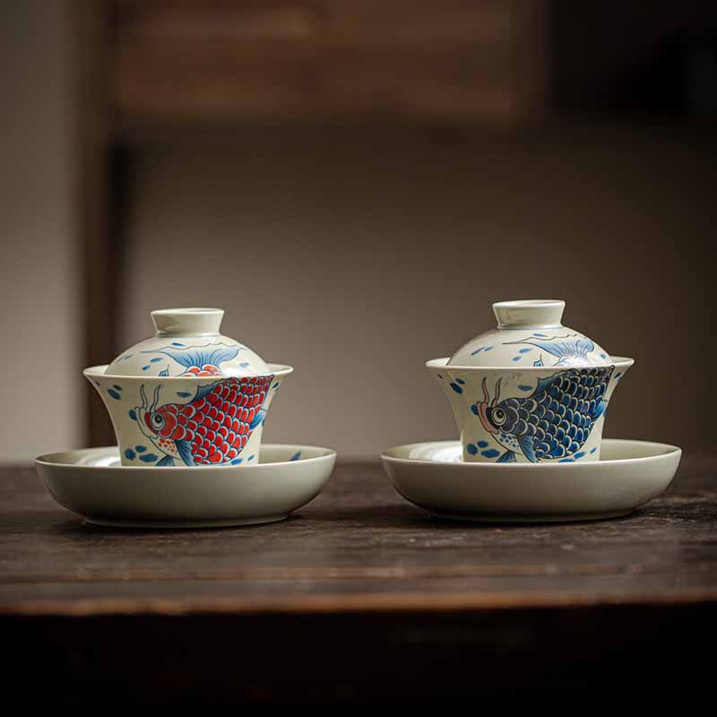 Buddha Stones Koi Fish Arowana Ceramic Gaiwan Sancai Filiżanka Kung Fu Filiżanka do herbaty z pokrywką 130ml - Image 25