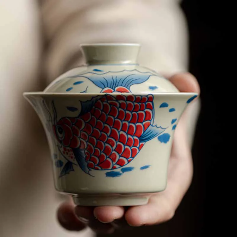 Buddha Stones Koi Fish Arowana Ceramic Gaiwan Sancai Filiżanka Kung Fu Filiżanka do herbaty z pokrywką 130ml - Image 27