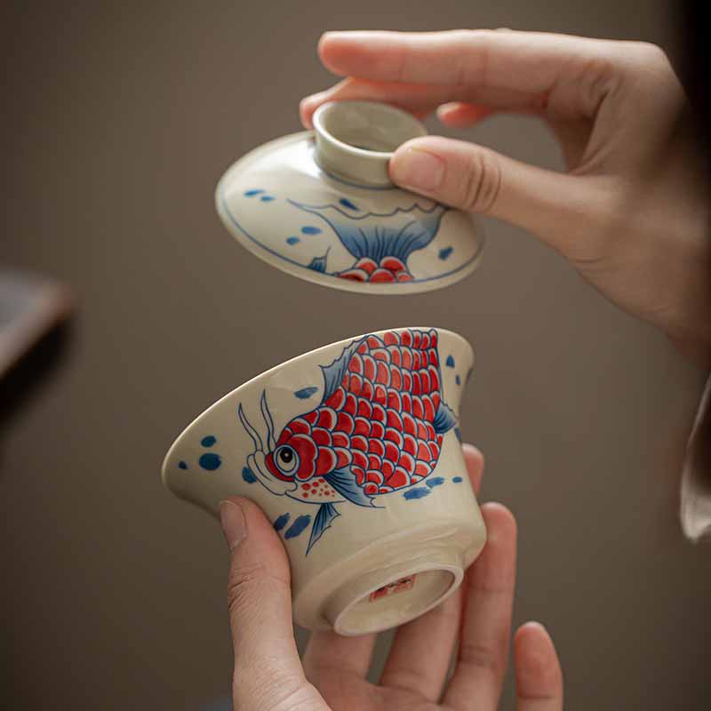Buddha Stones Koi Fish Arowana Ceramic Gaiwan Sancai Filiżanka Kung Fu Filiżanka do herbaty z pokrywką 130ml - Image 28