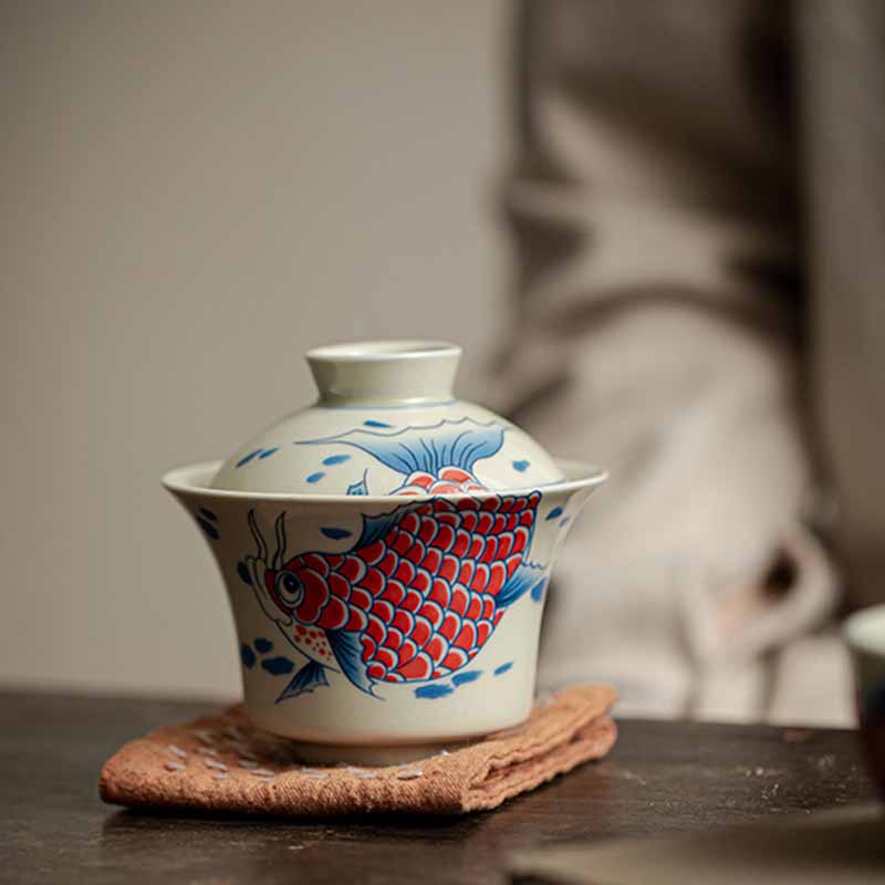 Buddha Stones Koi Fish Arowana Ceramic Gaiwan Sancai Filiżanka Kung Fu Filiżanka do herbaty z pokrywką 130ml - Image 29