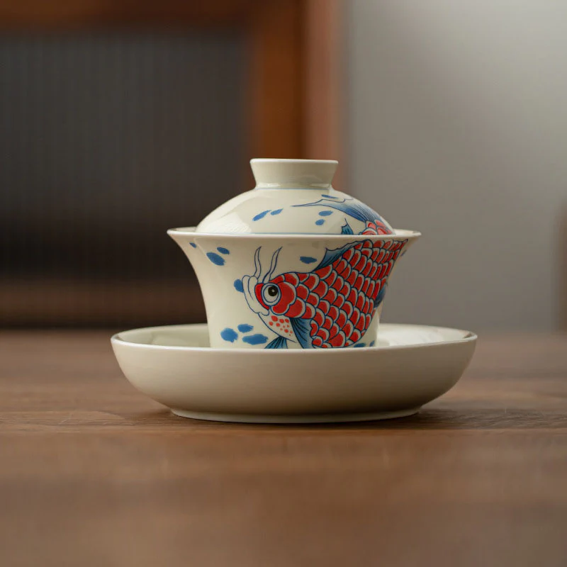 Buddha Stones Koi Fish Arowana Ceramic Gaiwan Sancai Filiżanka Kung Fu Filiżanka do herbaty z pokrywką 130ml - Image 3