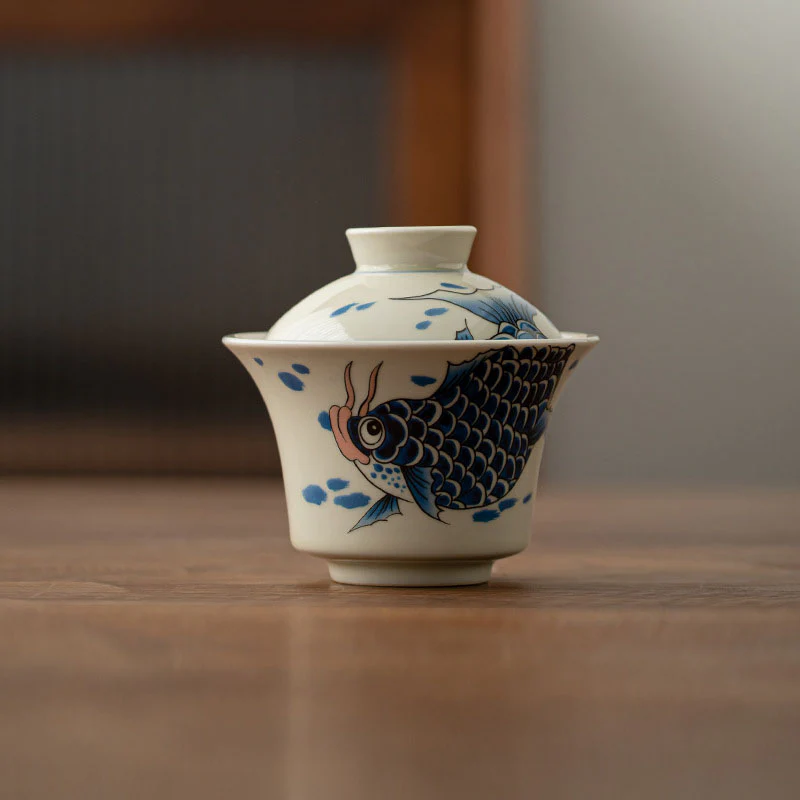 Buddha Stones Koi Fish Arowana Ceramic Gaiwan Sancai Filiżanka Kung Fu Filiżanka do herbaty z pokrywką 130ml - Image 30