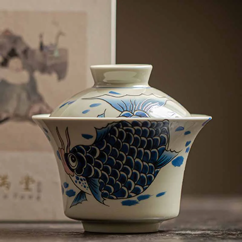 Buddha Stones Koi Fish Arowana Ceramic Gaiwan Sancai Filiżanka Kung Fu Filiżanka do herbaty z pokrywką 130ml - Image 31