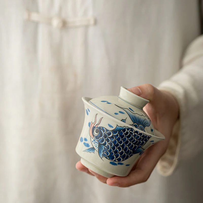 Buddha Stones Koi Fish Arowana Ceramic Gaiwan Sancai Filiżanka Kung Fu Filiżanka do herbaty z pokrywką 130ml - Image 32
