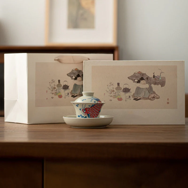 Buddha Stones Koi Fish Arowana Ceramic Gaiwan Sancai Filiżanka Kung Fu Filiżanka do herbaty z pokrywką 130ml - Image 33