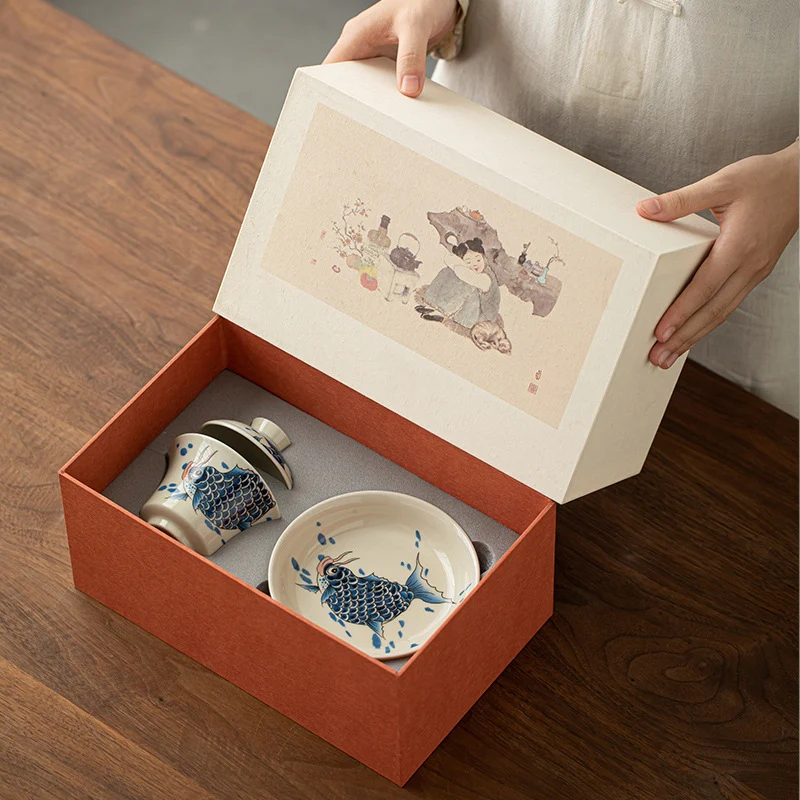 Buddha Stones Koi Fish Arowana Ceramic Gaiwan Sancai Filiżanka Kung Fu Filiżanka do herbaty z pokrywką 130ml - Image 35