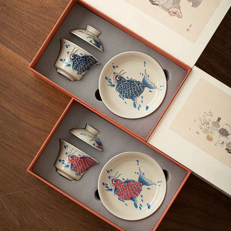 Buddha Stones Koi Fish Arowana Ceramic Gaiwan Sancai Filiżanka Kung Fu Filiżanka do herbaty z pokrywką 130ml - Image 36