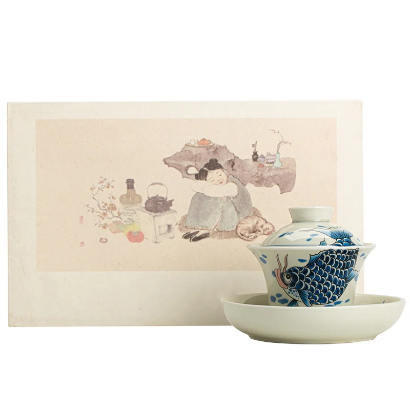 Buddha Stones Koi Fish Arowana Ceramic Gaiwan Sancai Filiżanka Kung Fu Filiżanka do herbaty z pokrywką 130ml - Image 38