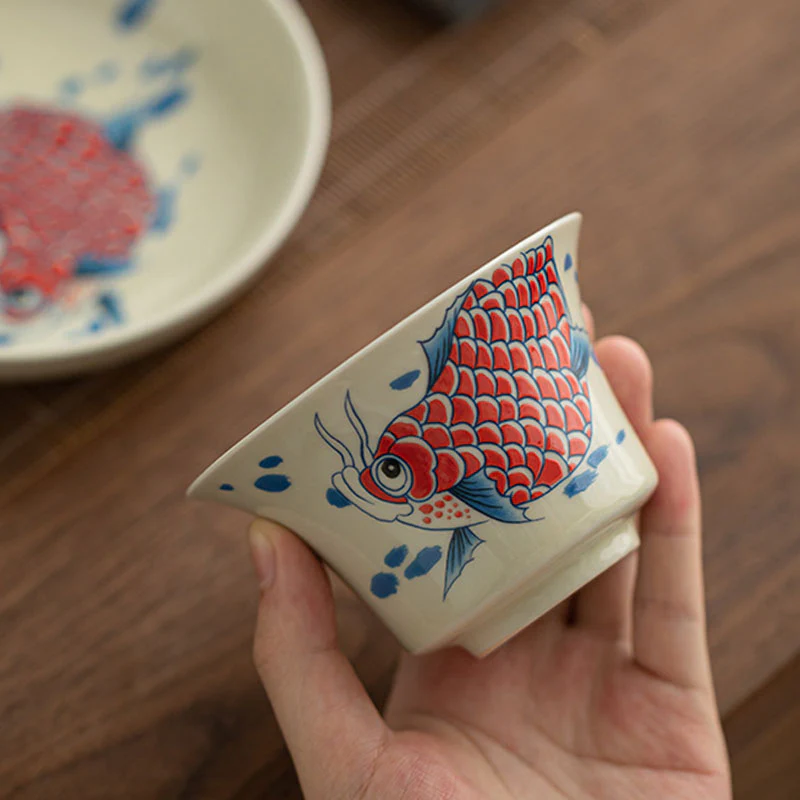 Buddha Stones Koi Fish Arowana Ceramic Gaiwan Sancai Filiżanka Kung Fu Filiżanka do herbaty z pokrywką 130ml - Image 4