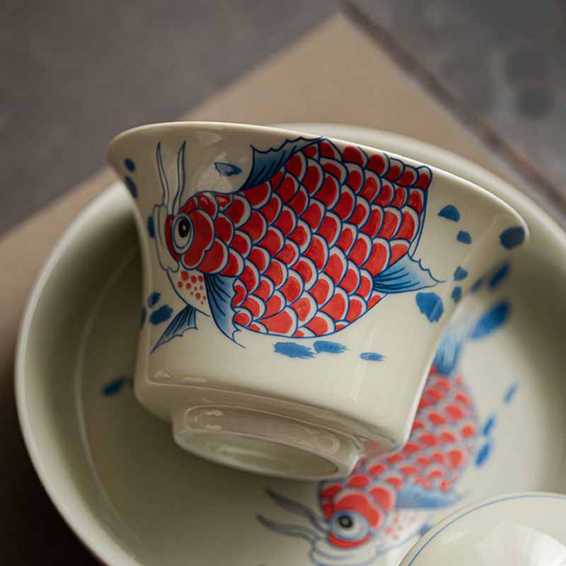 Buddha Stones Koi Fish Arowana Ceramic Gaiwan Sancai Filiżanka Kung Fu Filiżanka do herbaty z pokrywką 130ml - Image 5