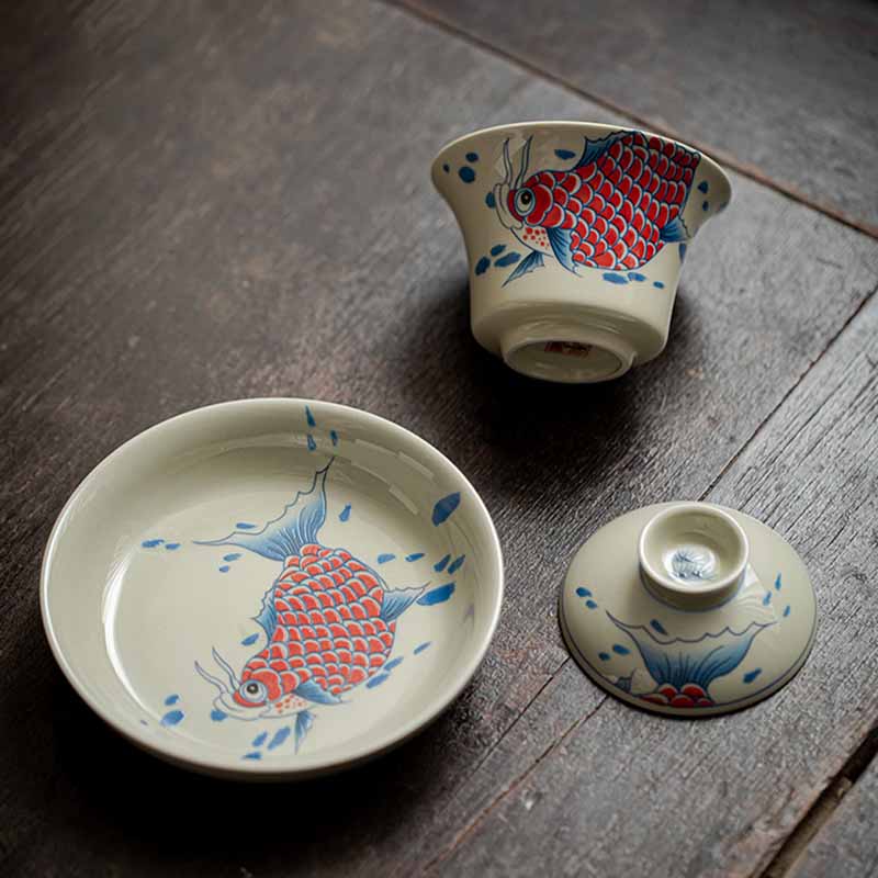 Buddha Stones Koi Fish Arowana Ceramic Gaiwan Sancai Filiżanka Kung Fu Filiżanka do herbaty z pokrywką 130ml - Image 6