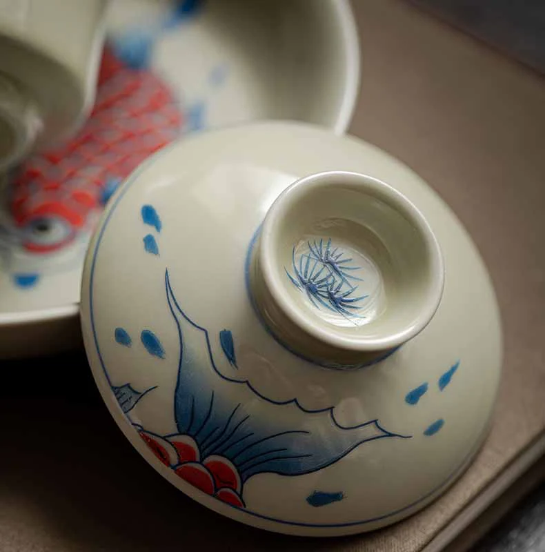 Buddha Stones Koi Fish Arowana Ceramic Gaiwan Sancai Filiżanka Kung Fu Filiżanka do herbaty z pokrywką 130ml - Image 7