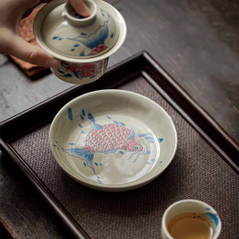 Buddha Stones Koi Fish Arowana Ceramic Gaiwan Sancai Filiżanka Kung Fu Filiżanka do herbaty z pokrywką 130ml - Image 8