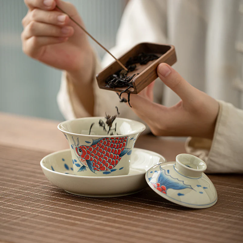 Buddha Stones Koi Fish Arowana Ceramic Gaiwan Sancai Filiżanka Kung Fu Filiżanka do herbaty z pokrywką 130ml - Image 9