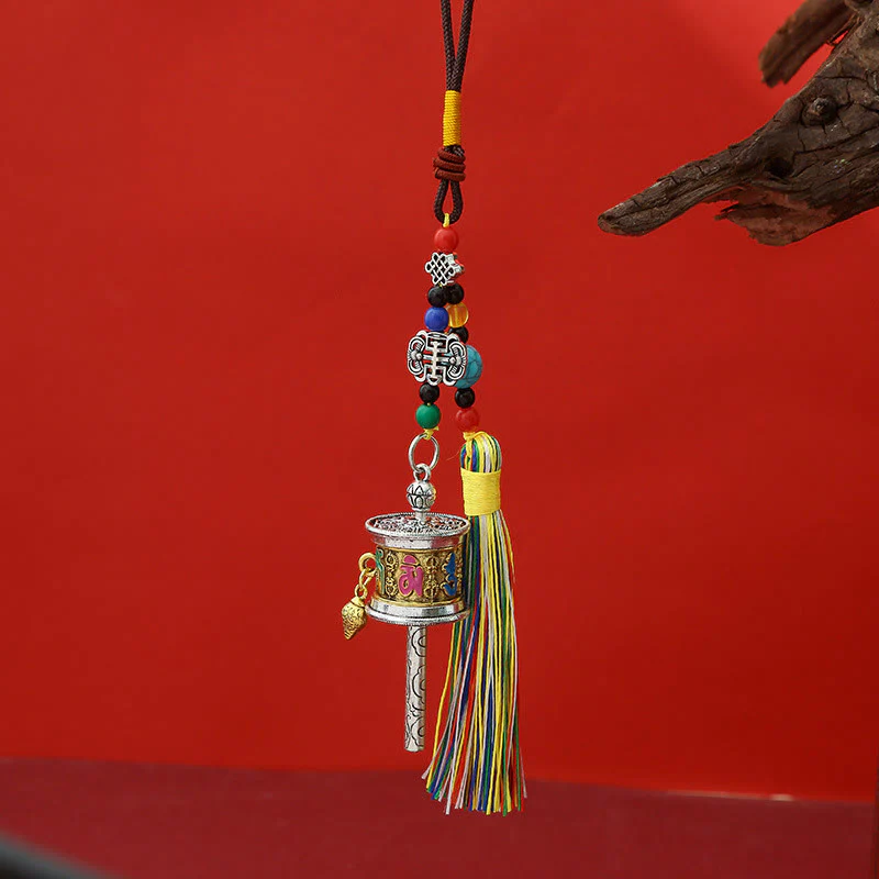 Buddha Stones, Koło Modlitewne , Om Mani Padme Hum, Kolorowe Frędzle, Brelok Czystości - Image 10