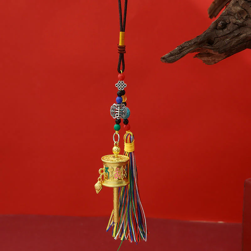 Buddha Stones, Koło Modlitewne , Om Mani Padme Hum, Kolorowe Frędzle, Brelok Czystości - Image 3