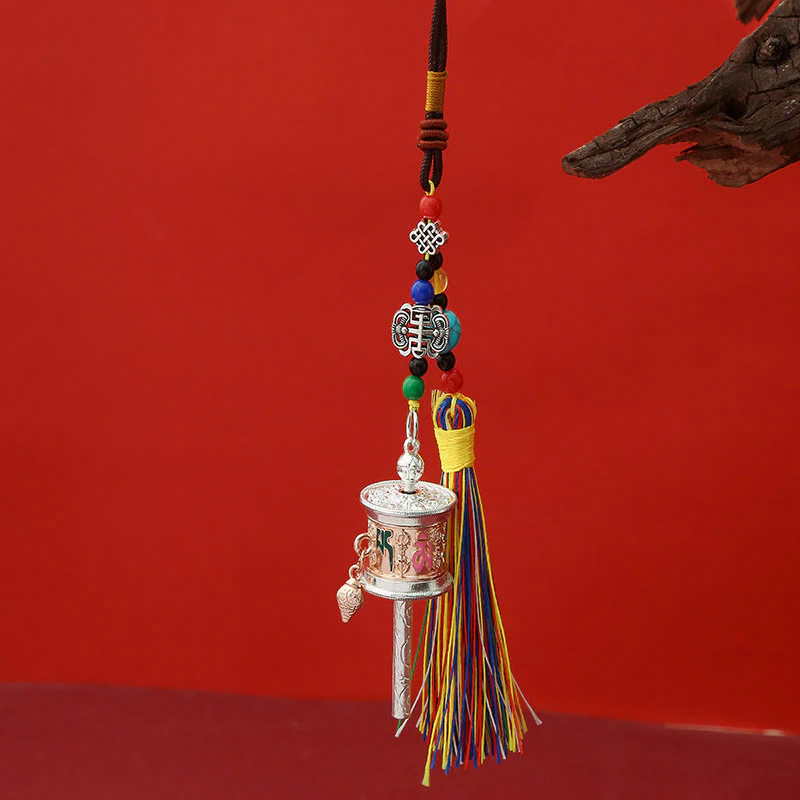 Buddha Stones, Koło Modlitewne , Om Mani Padme Hum, Kolorowe Frędzle, Brelok Czystości - Image 7