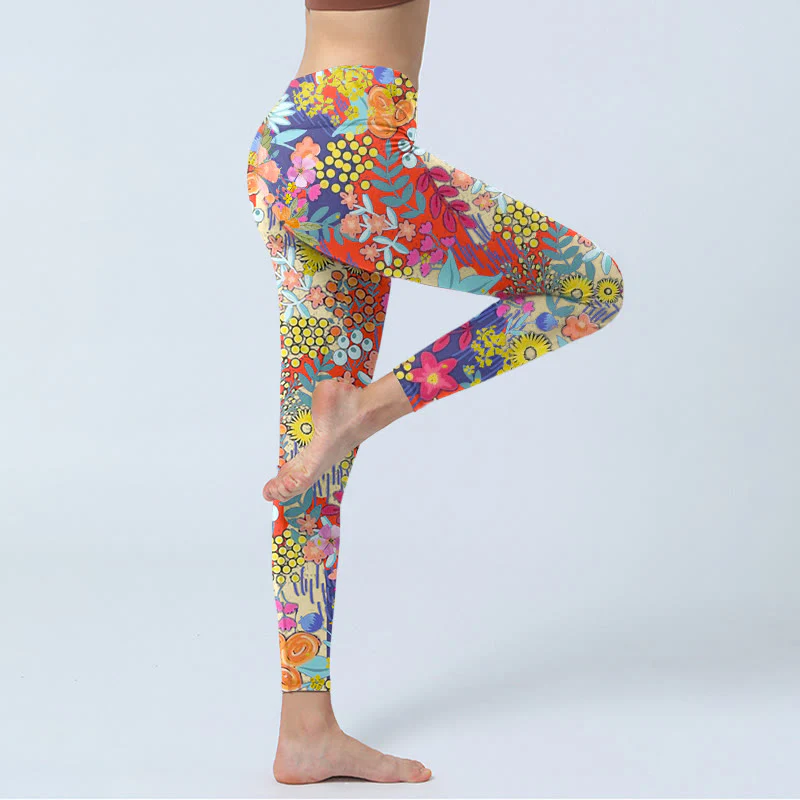 Buddha Stones Kolorowe Kwiaty Liście Nadruk Siłownia Fitness Legginsy Damskie Spodnie Do Jogi - Image 3