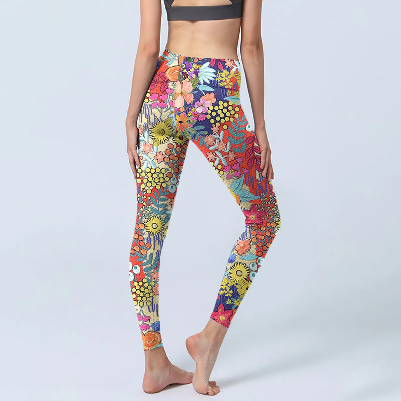 Buddha Stones Kolorowe Kwiaty Liście Nadruk Siłownia Fitness Legginsy Damskie Spodnie Do Jogi - Image 5