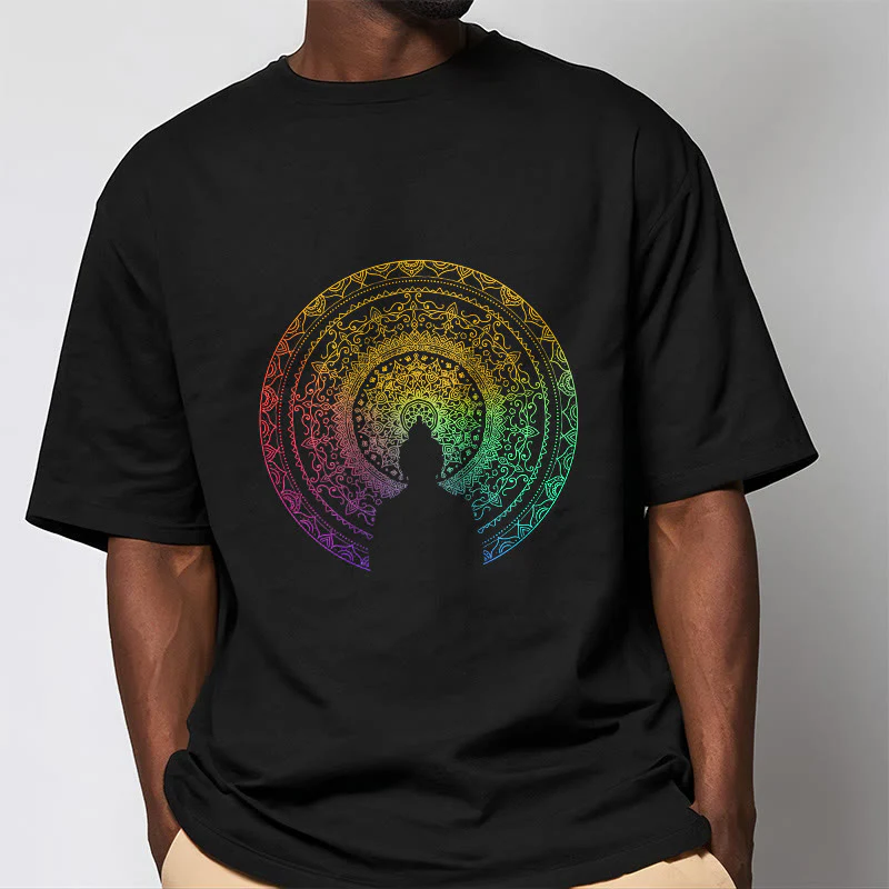 Buddha Stones Kolorowy Gradient Mandala Budda Bawełniana Koszulka T-shirt - Image 2