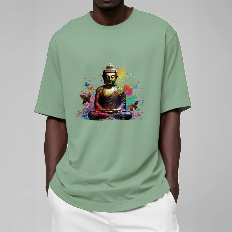 Buddha Stones Kolorowy Motyl Latający Medytacja Budda Koszulka T-shirt - Image 15