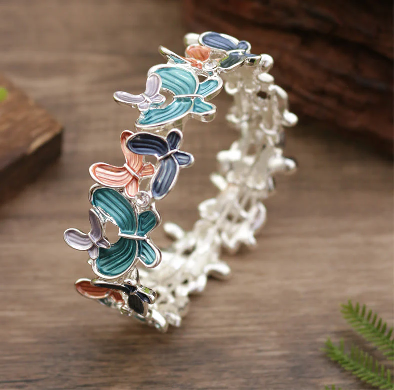 Buddha Stones Kolorowy Motyl Miłość Stop Elastyczna Bransoletka Bangle