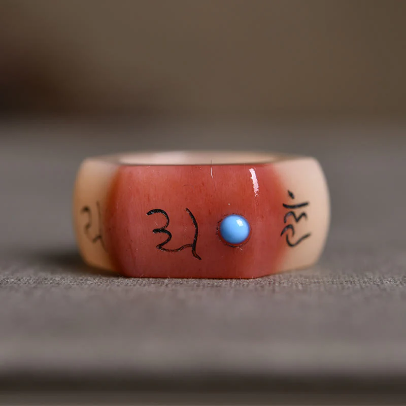 Buddha Stones Kość Wielbłąda Om Mani Padme Hum Rzeźba Pierścień ochronny - Image 3
