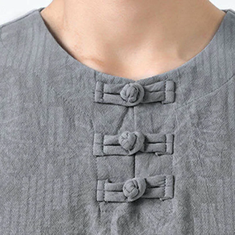 Buddha Stones Koszula męska z bawełny z krótkim rękawem i żabim guzikiem w letnie kwiaty i trawiasty wzór - Image 8