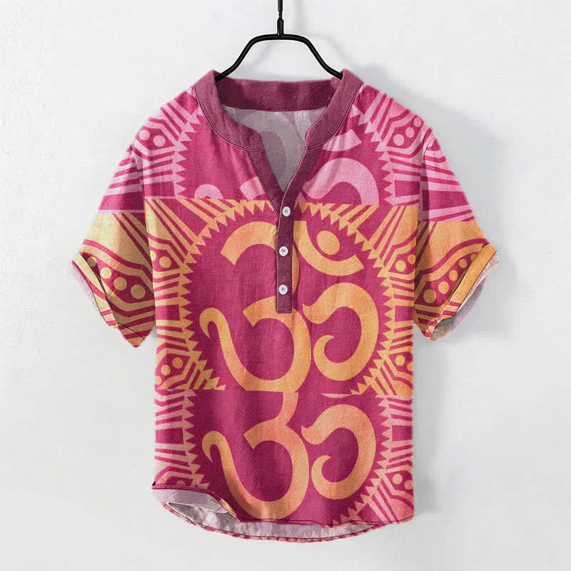 Buddha Stones Koszula męska z krótkim rękawem Cotton Om Emblem zapinana na pół guzika - Image 7