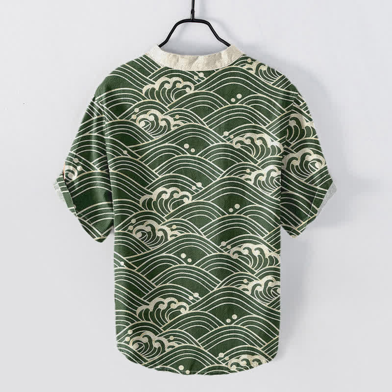 Buddha Stones Koszula męska z krótkim rękawem Cotton Wave Emblem zapinana na pół guzika - Image 7