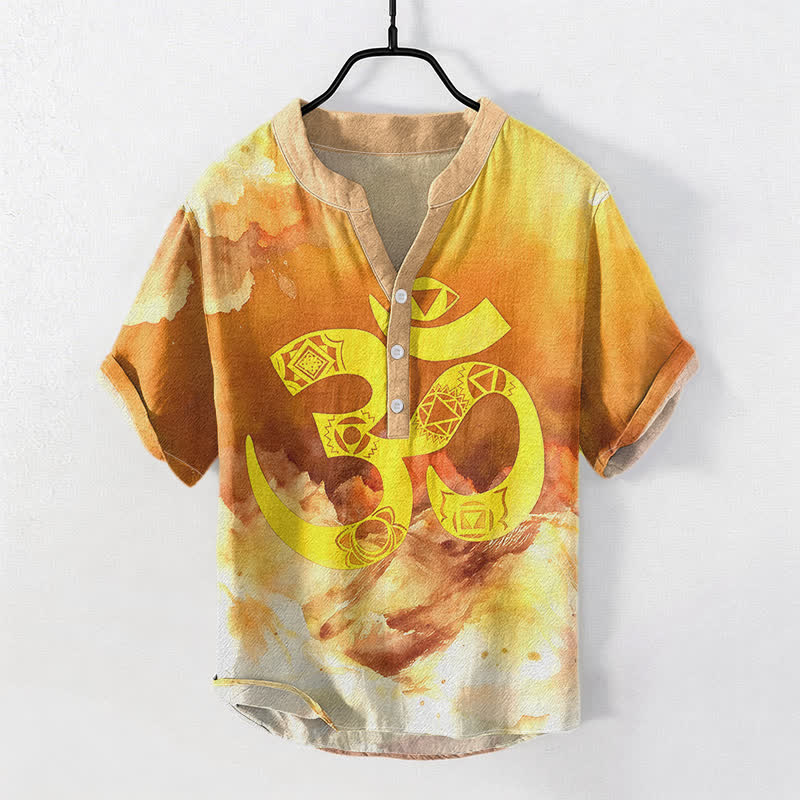 Buddha Stones Koszula męska z krótkim rękawem i guzikami Cotton Om Chakra Emblem - Image 4