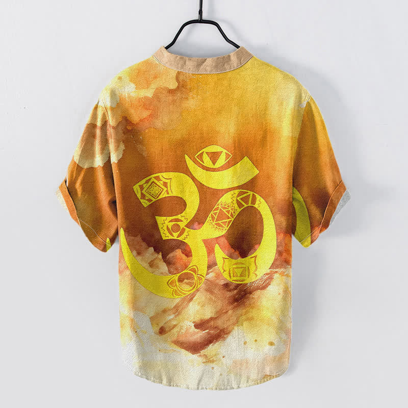 Buddha Stones Koszula męska z krótkim rękawem i guzikami Cotton Om Chakra Emblem - Image 5
