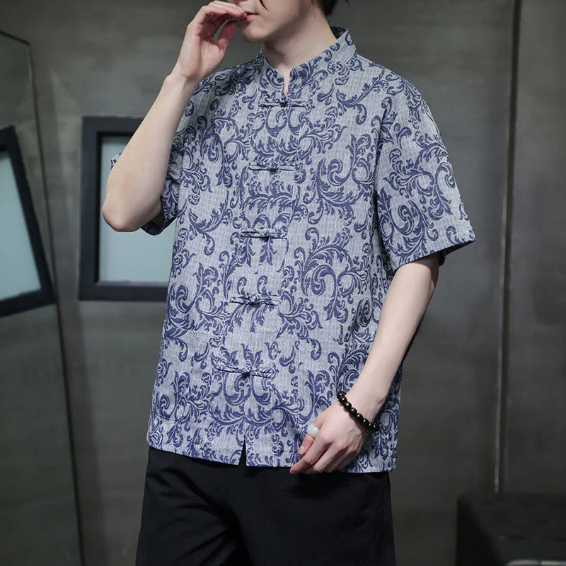 Buddha Stones Koszula męska z krótkim rękawem i kieszeniami, zapinana na guziki żabki, z motywem kwiatowym i winoroślą, w letni garnitur tangowy - Image 3