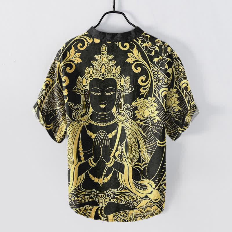 Buddha Stones Koszula męska z krótkim rękawem i krótkim guzikiem, bawełniana, z ikoną Złotego Buddy - Image 2