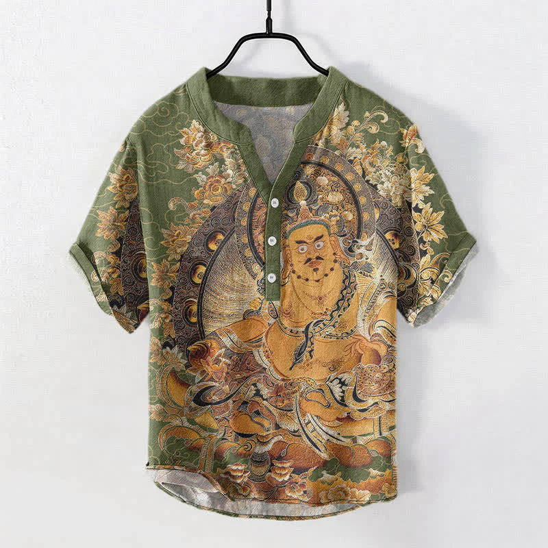Buddha Stones Koszula męska z krótkim rękawem i nadrukiem w kwiaty Buddy w kolorze złotym, zapinana na pół guzika - Image 8