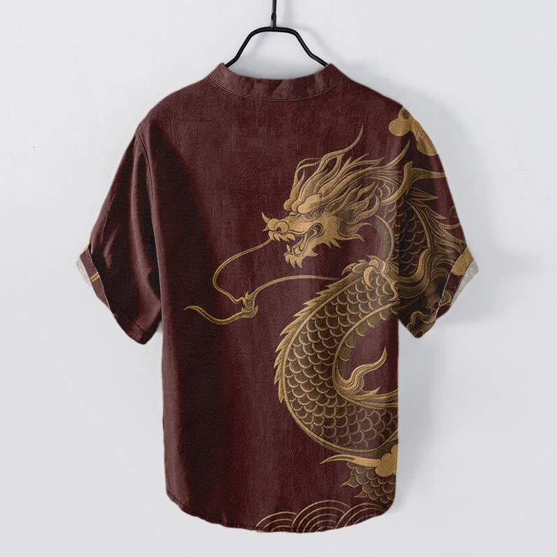 Buddha Stones Koszula męska z krótkim rękawem i półguzikiem, bawełniana, ze wzorem złotego smoka - Image 7