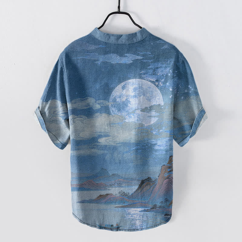 Buddha Stones Koszula męska z krótkim rękawem i półguzikiem Cotton Moon Cloud Mountain Pattern - Image 7