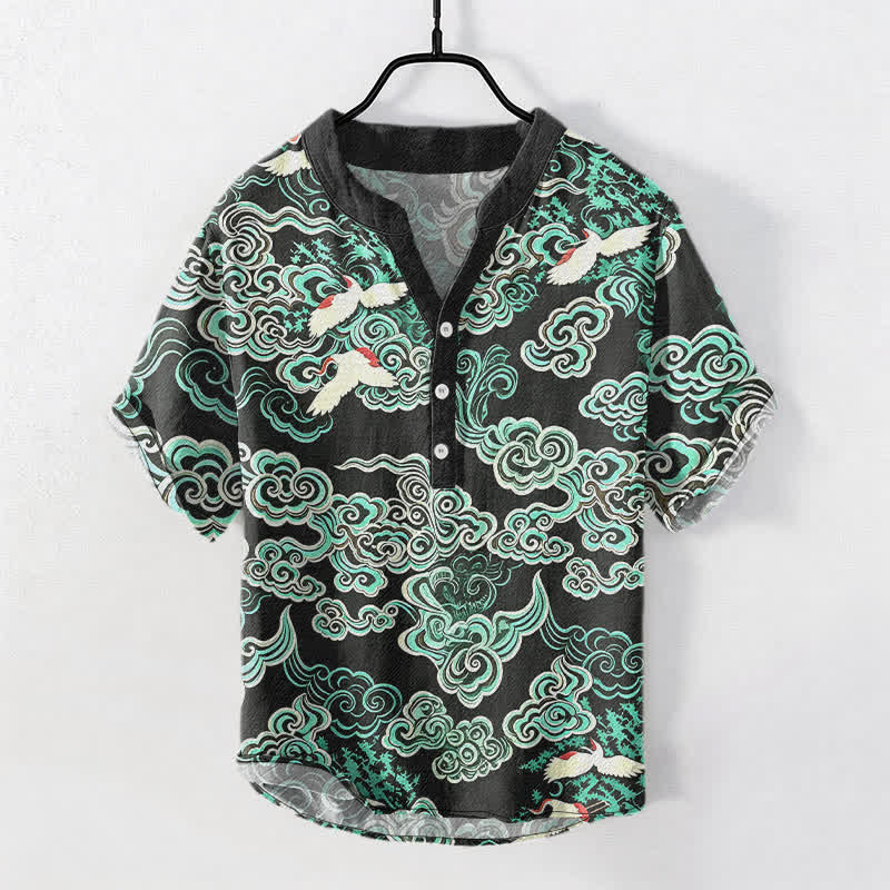Buddha Stones Koszula męska z krótkim rękawem i półguzikiem w kolorze bawełny miętowej z wzorem Cloud Crane